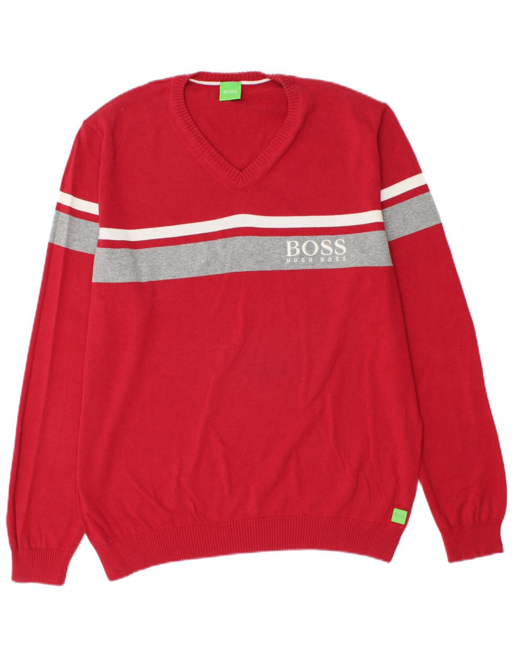 HUGO BOSS Jersey con cuello en V y gráfico para hombre en bloques de color rojo grande