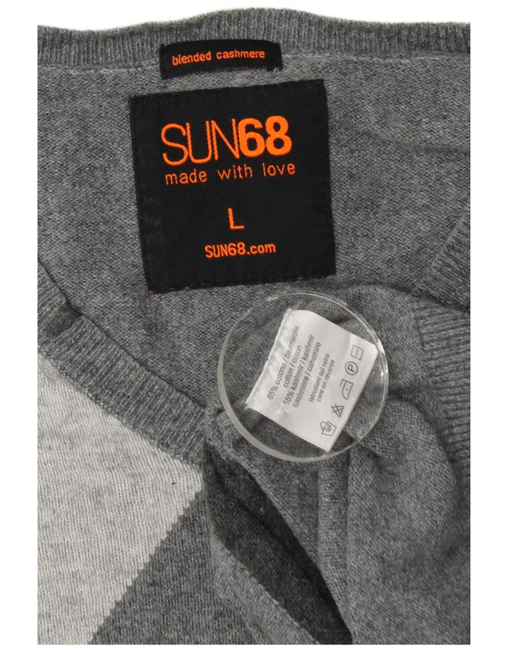 Sun68 Suéter con Cuello en V para Hombre Grande Gris Argyle/Algodón Diamante