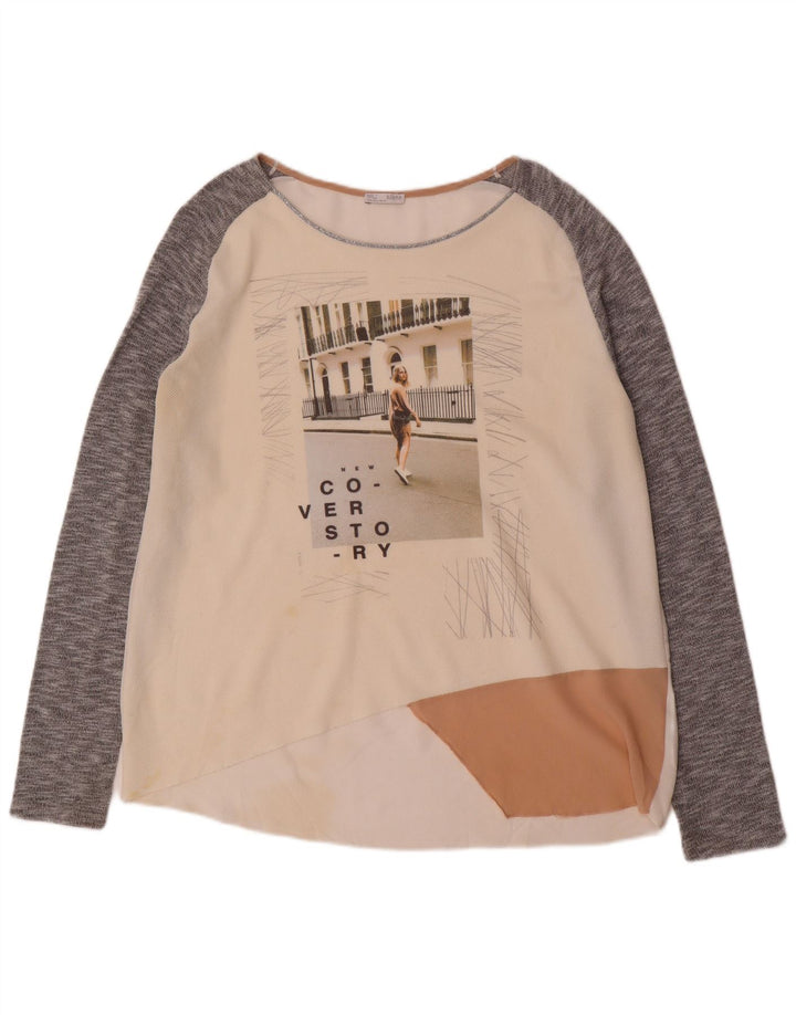 Zara Mujer Top Gráfico Manga Larga UK 46 Grande Blanco Colorblock