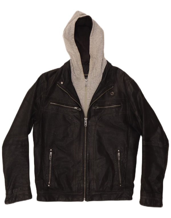 Angelo Litrico Chaqueta de cuero con capucha para hombre UK 36 Small Black Colourblock