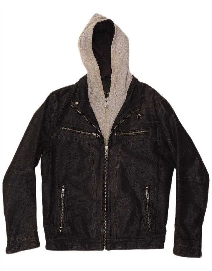 Angelo Litrico Chaqueta de cuero con capucha para hombre UK 36 Small Black Colourblock