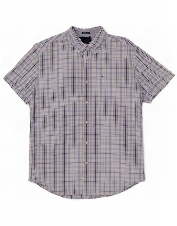Tommy Hilfiger Camisa de manga corta para hombre, ajuste personalizado, XL, algodón a cuadros azules