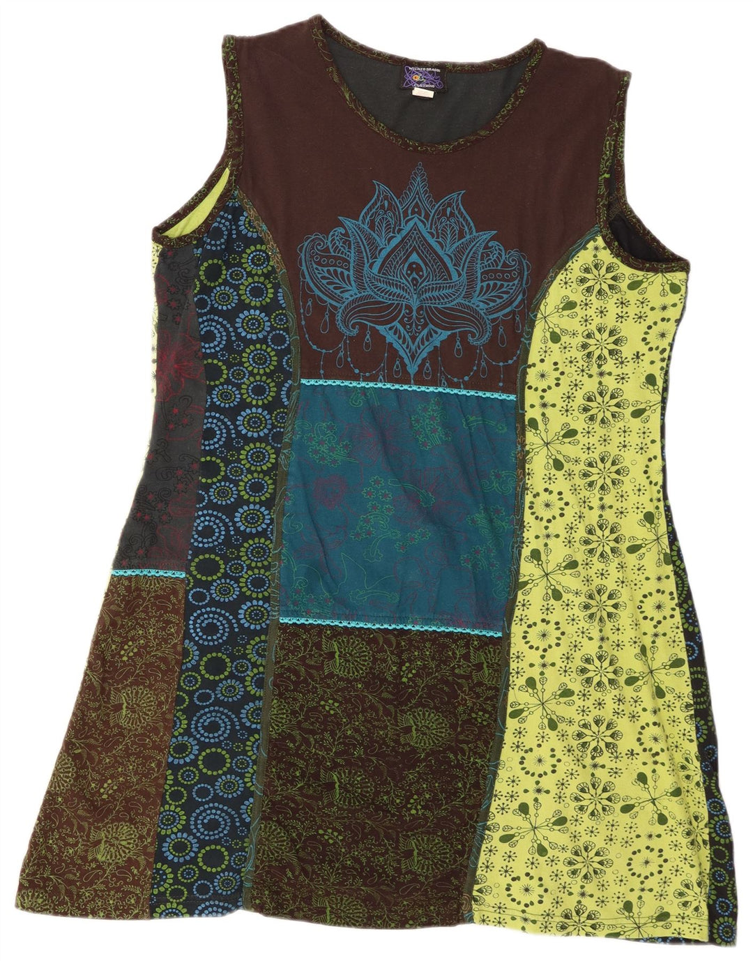 Vintage mujer sin mangas A-Line vestido Reino Unido 20 2XL mosaico multicolor