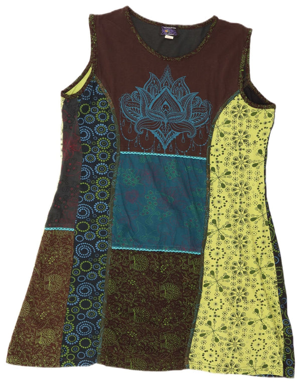 Vintage mujer sin mangas A-Line vestido Reino Unido 20 2XL mosaico multicolor