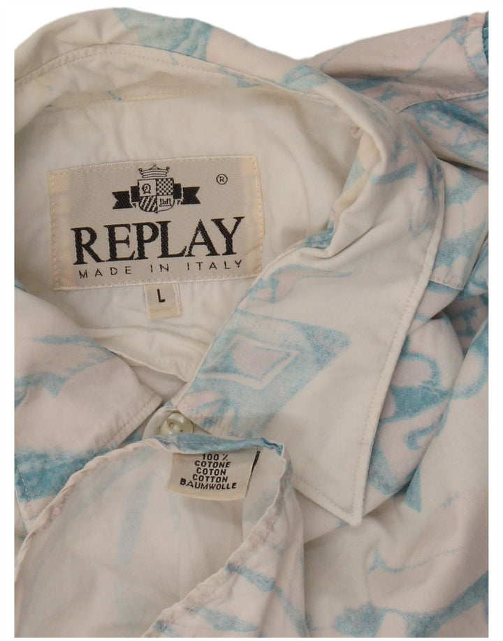 Camisa con estampado abstracto de hombre Replay de algodón blanco roto grande