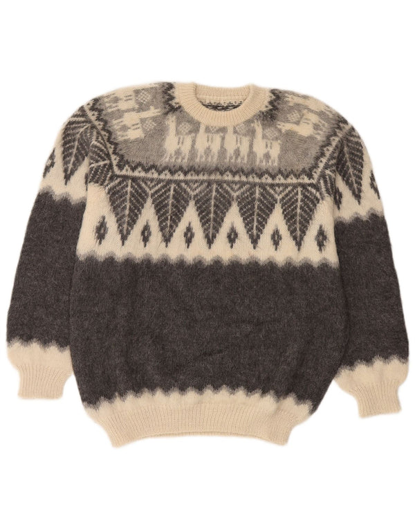 Vintage hombres cuello redondo jersey suéter pequeño gris Fair Isle
