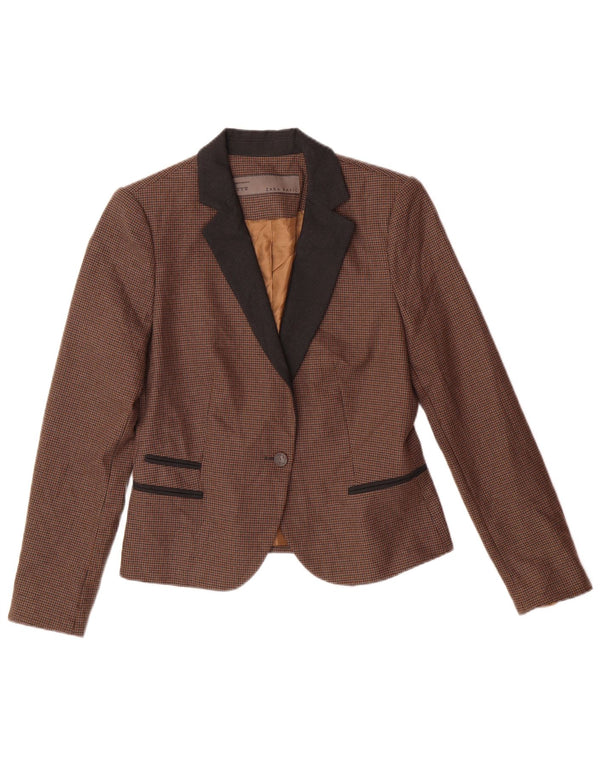 Zara Mujer Chaqueta Blazer Básica UK 42 Marrón Medio Pata De Gallo Clásico