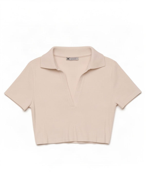 Zara Polo Corto Mujer UK 40 Mediano Blanco