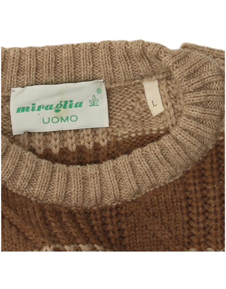 Vintage hombres cuello redondo jersey suéter grande marrón rayas