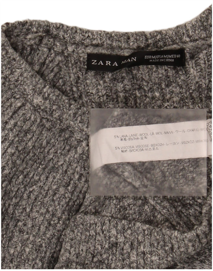 Zara Hombre Jersey Con Cuello Barco De Lana Moteada Gris Medio