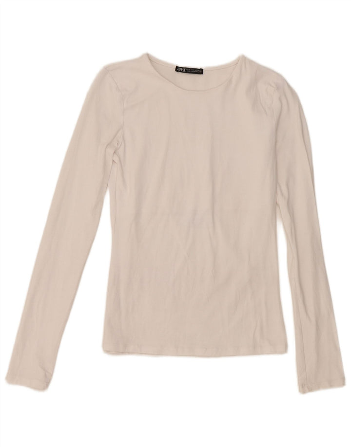 Zara Mujer Top Manga Larga UK 8 Small Algodón Blanco