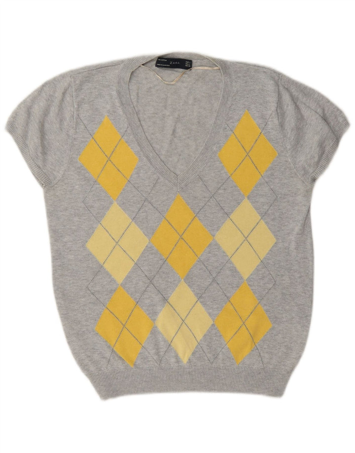 Zara - Jersey con cuello en V para mujer, talla 40, talla grande, gris Argyle/Diamante