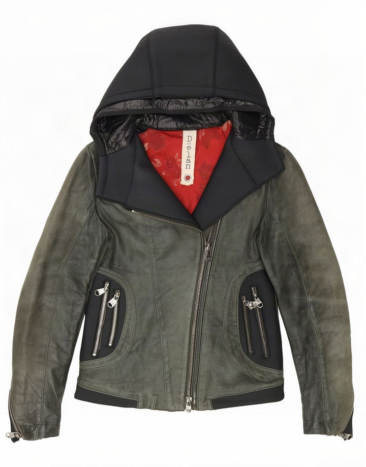 Chaqueta motera de cuero con capucha Delan para mujer IT 42 Bloque de color verde medio