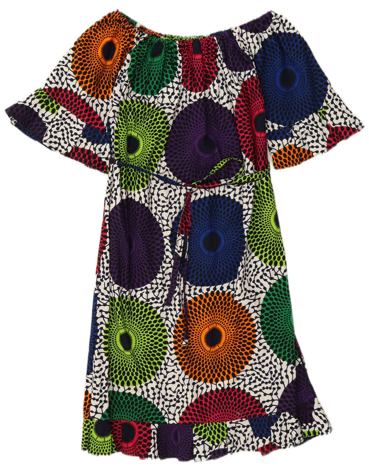Vintage mujer fuera hombro vestido Reino Unido 12 medio multicolor geométrico