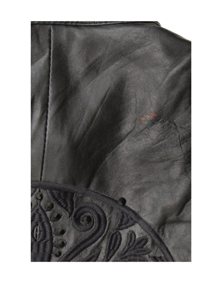 Vintage mujer gráfico cuero biker chaqueta EU 38 cuero negro medio