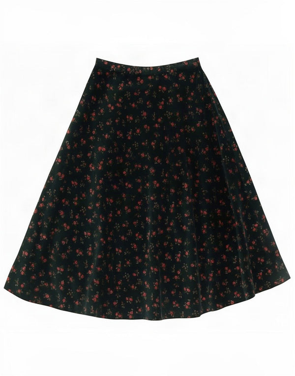Falda acampanada de terciopelo de cintura alta vintage para mujer 2XS W22 Verde floral