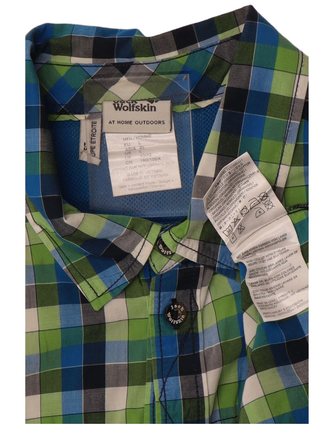 JACK WOLFSKIN Camisa de manga corta para hombre UK 40/42 Large Blue Check Cotton