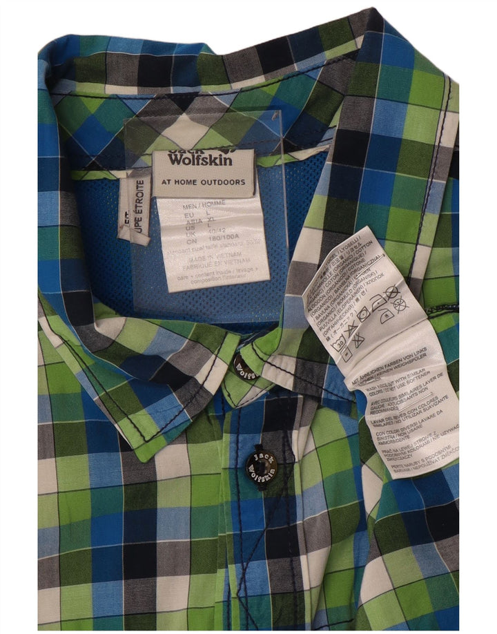 JACK WOLFSKIN Camisa de manga corta para hombre UK 40/42 Large Blue Check Cotton