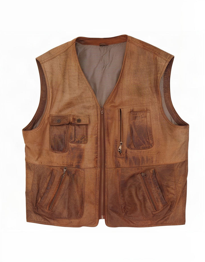 Vintage hombres cuero utilidad chaleco EU 54 2XL marrón