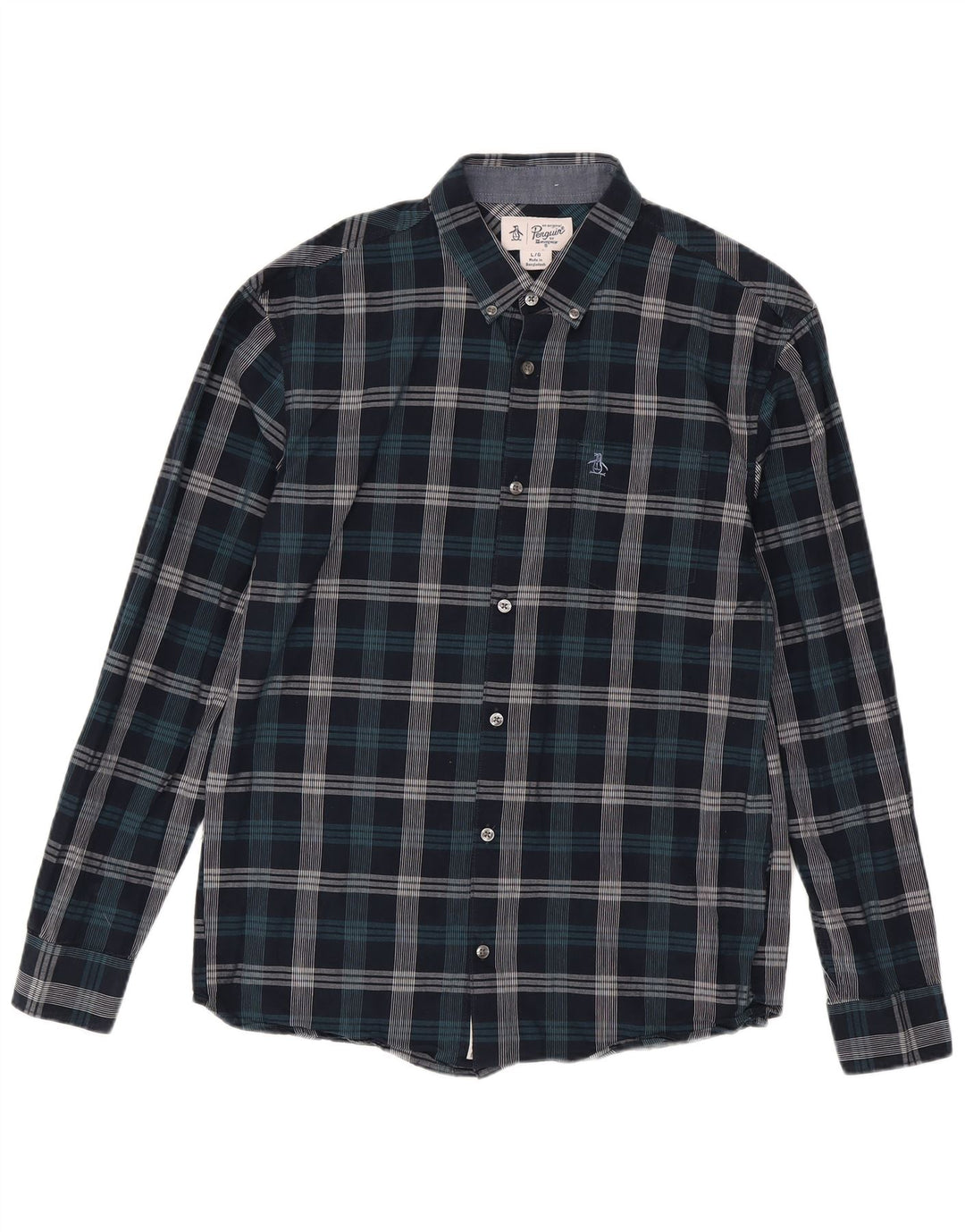 Camisa Penguin Hombre Grande Azul Marino Cuadros Algodón