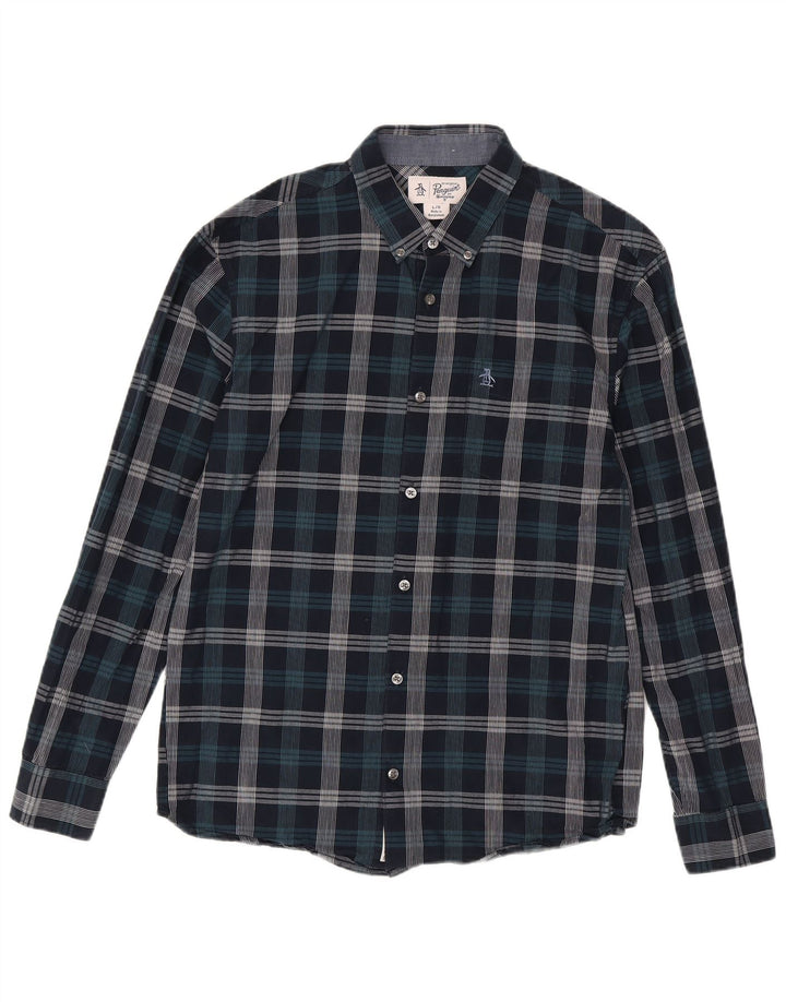 Camisa Penguin Hombre Grande Azul Marino Cuadros Algodón