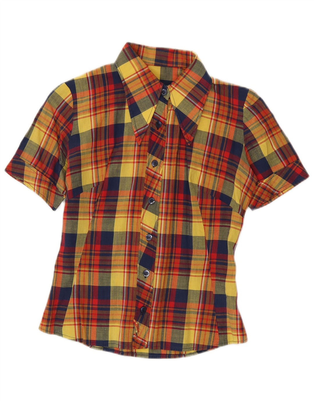 VINTAGE Camisa de manga corta para mujer Reino Unido 10 Pequeño cheque multicolor