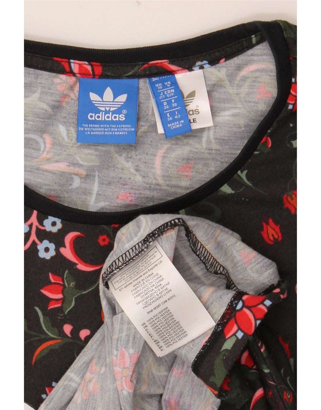 ADIDAS Camiseta gráfica para mujer Top UK 10 Small Negro Floral Poliéster