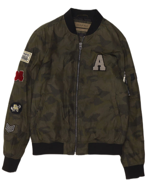 Zara Mens Graphic Bomber Jacket UK 40 Grande Verde Camuflaje Poliéster