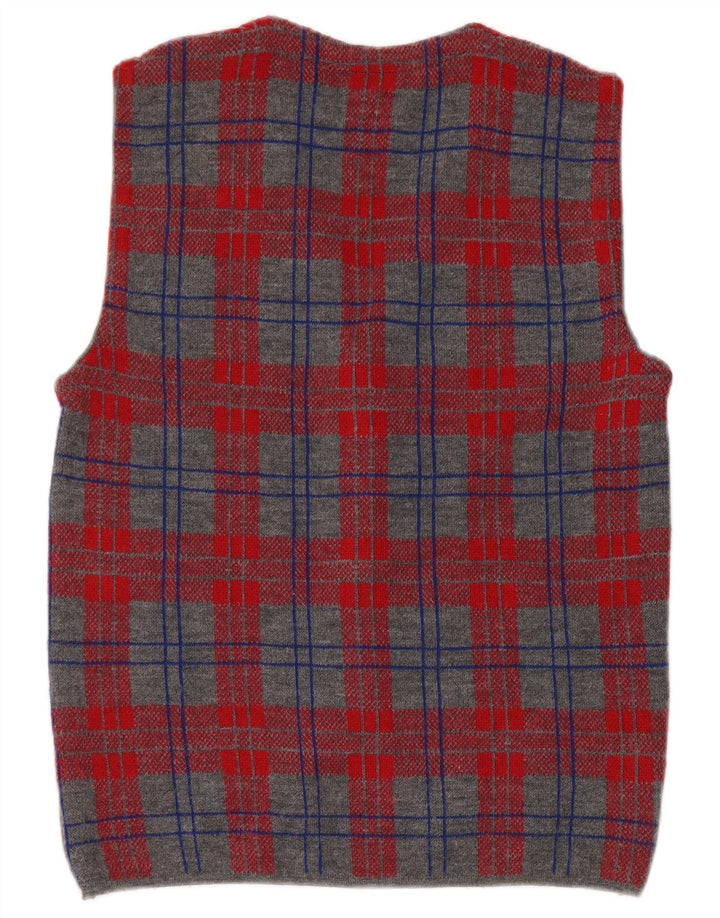 Vintage hombres sin mangas Cardigan suéter pequeño gris comprobar lana