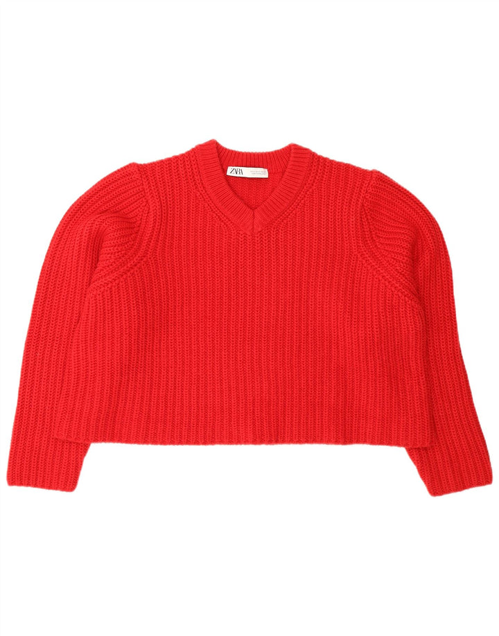 Zara Mujer Crop Oversize Jersey Jersey con Cuello en V UK 40 Mediano Rojo