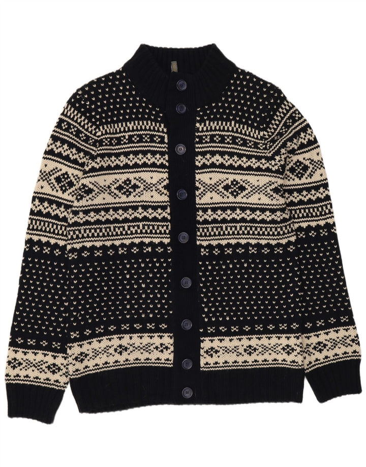 VINTAGE Hombres Cardigan Suéter 2XL Azul Marino Fair Isle Acrílico