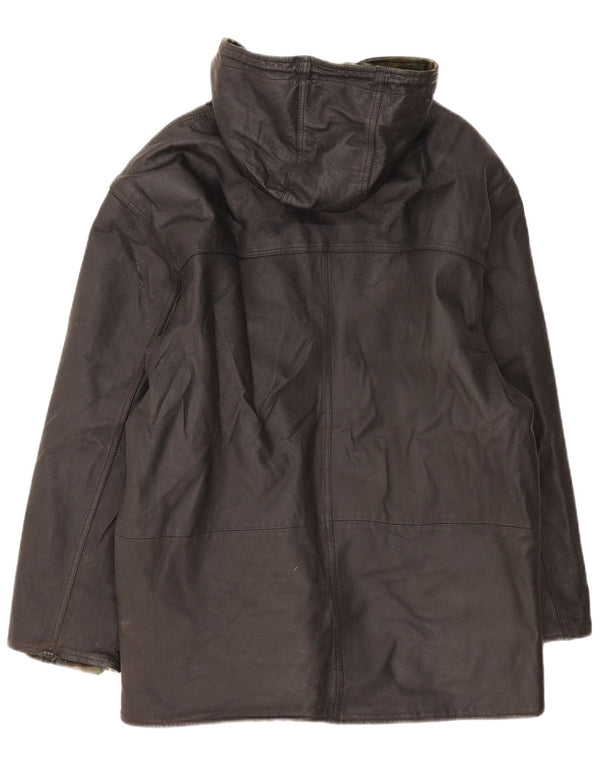 Vintage hombres con capucha abrigo de cuero Reino Unido 44 2XL negro