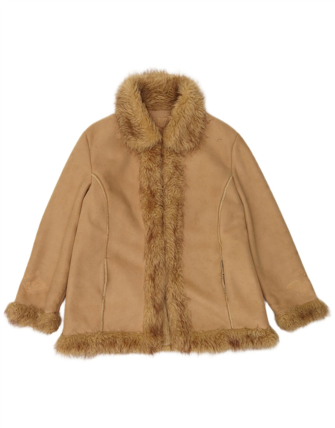 Vintage mujer abierta Sherpa chaqueta Reino Unido 14 poliéster beige grande
