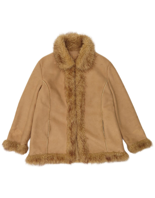 Vintage mujer abierta Sherpa chaqueta Reino Unido 14 poliéster beige grande