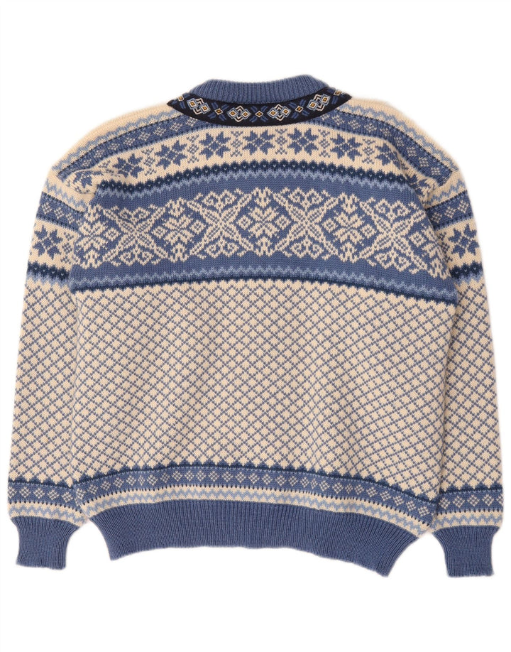 Vintage hombres Cardigan suéter medio azul Fair Isle