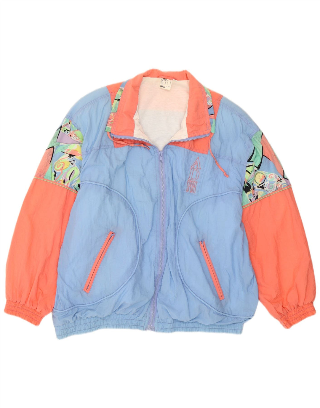 Vintage mujeres patrón abstracto chándal top chaqueta Reino Unido 16 azul grande