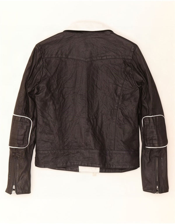 Replay Chaqueta motera de cuero para mujer UK 6 XS Piel de cordero color block negro