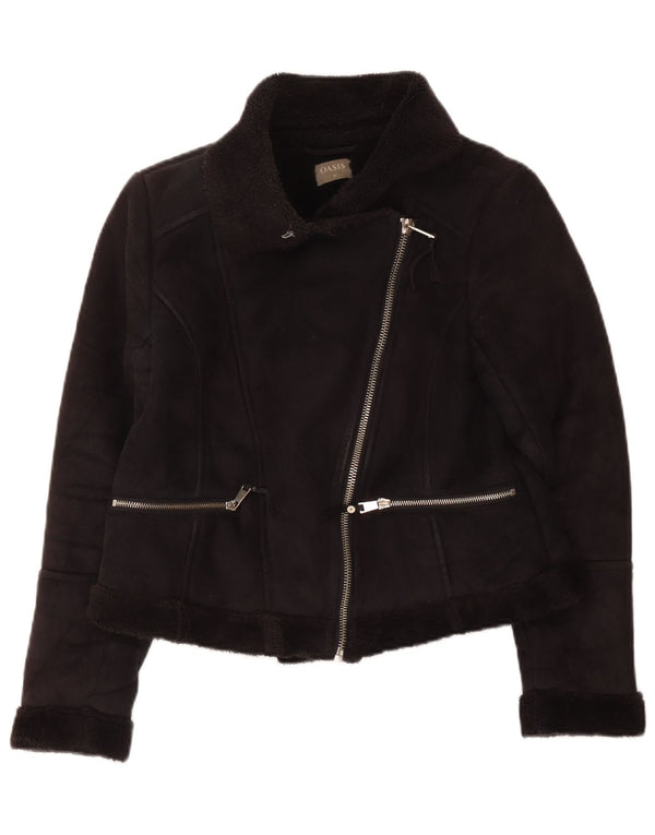 Oasis Chaqueta Motera Sherpa para Mujer UK 44 Mediano Poliéster Negro