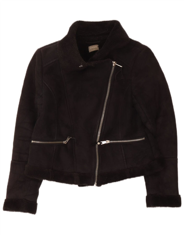 Oasis Chaqueta Motera Sherpa para Mujer UK 44 Mediano Poliéster Negro