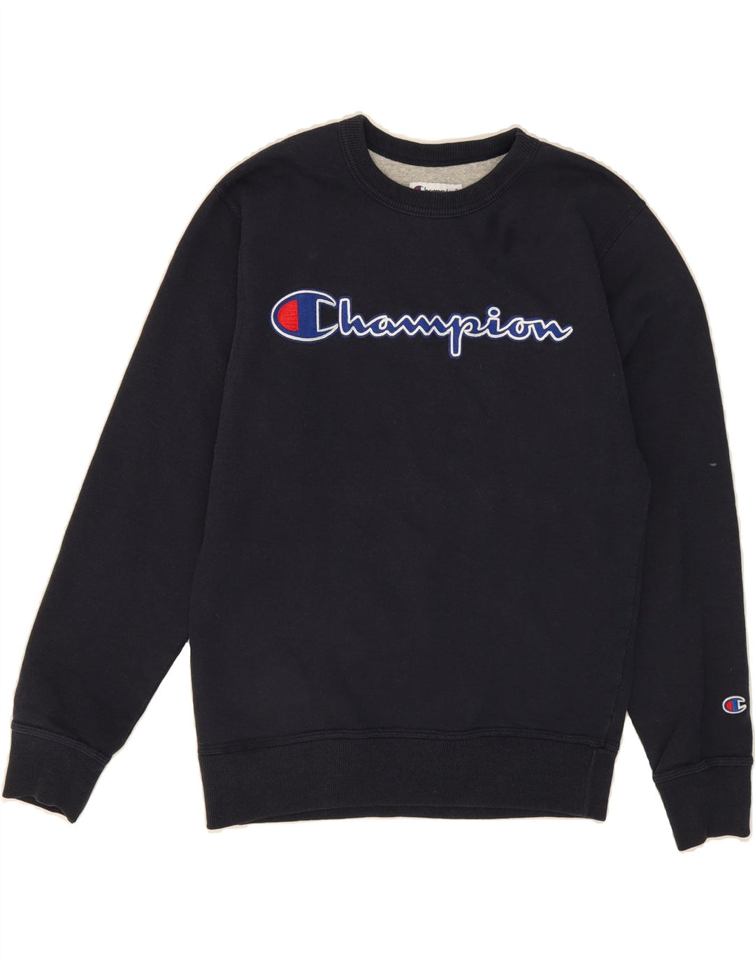 CHAMPION Mens Graphic Sweatshirt Jumper Small Navy Blue Cotton Vintage Champion and Second-Hand Champion from Messina Hembry 
