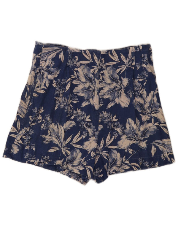Zara Mujer Pantalones Cortos Chinos De Cintura Alta Mediano W28 Lino Floral Azul Marino