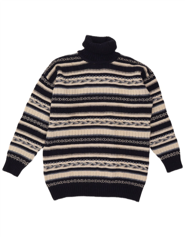 Vintage hombres rollo cuello jersey suéter medio azul marino rayas lana