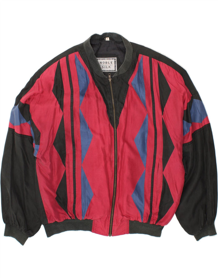 VINTAGE Chaqueta bomber holgada para hombre Reino Unido 38 Seda geométrica negra mediana