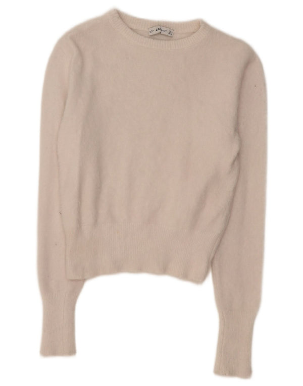 ZARA Jersey corto con cuello barco para mujer, talla 44, talla grande, nailon beige
