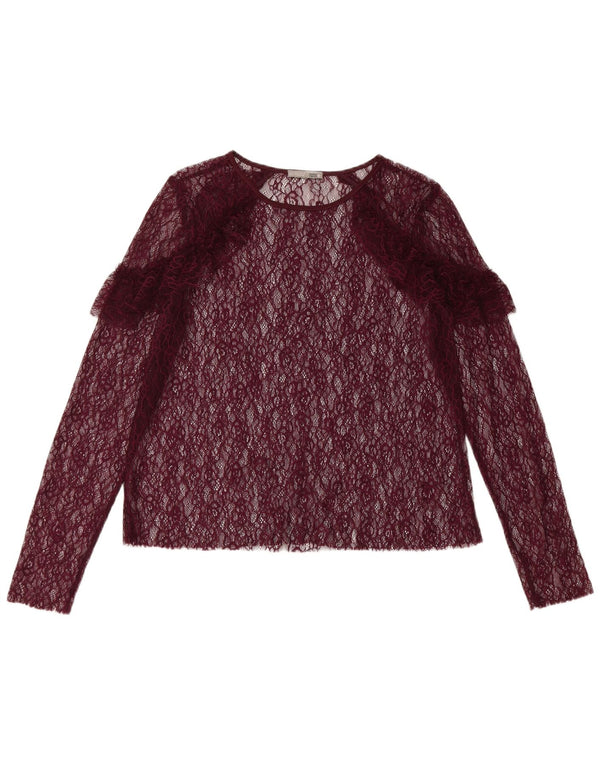 Zara Top transparente de manga larga para mujer UK 42 Medio Borgoña Floral