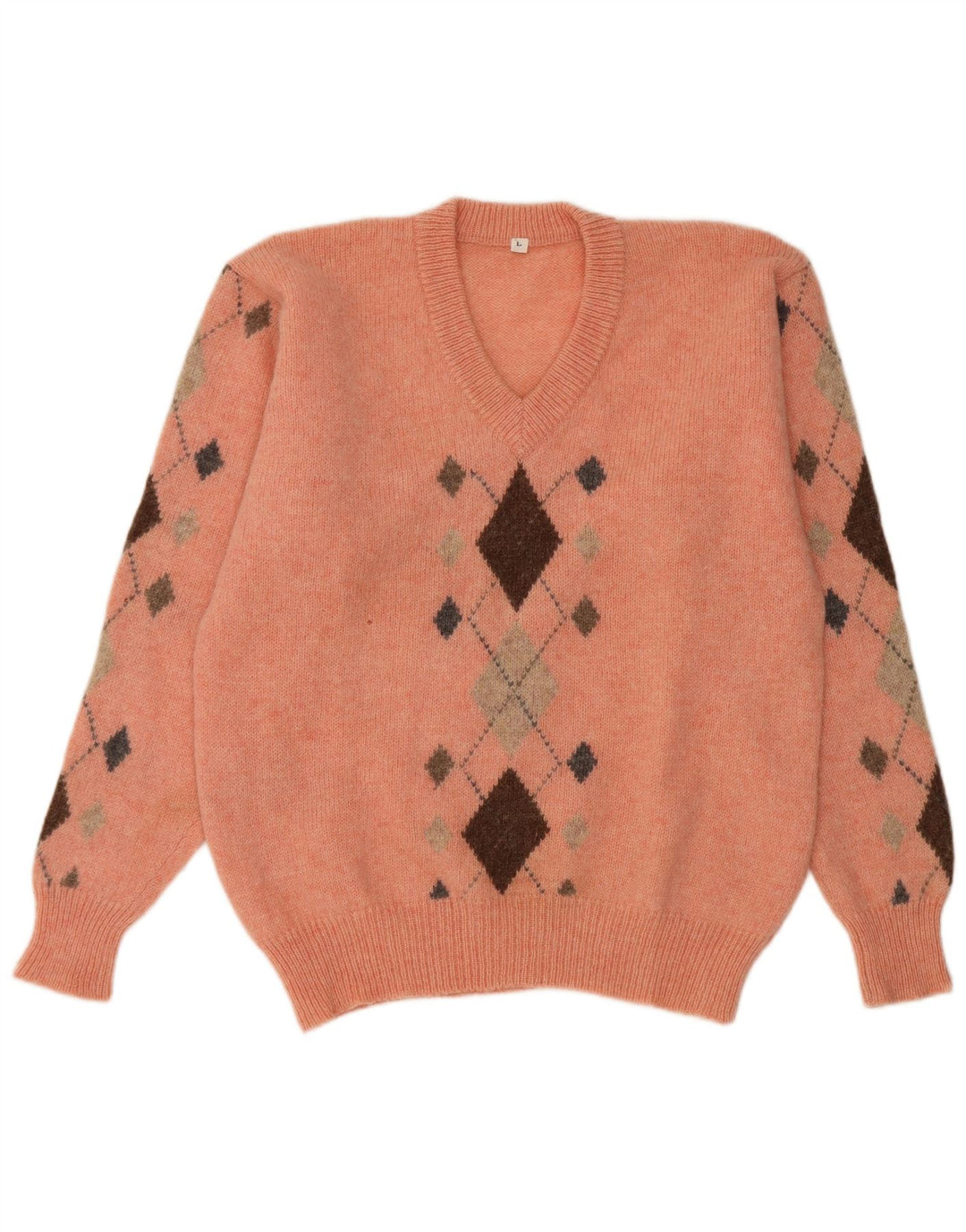 Vintage hombres V-cuello jumper suéter grande naranja Argyle/Diamond