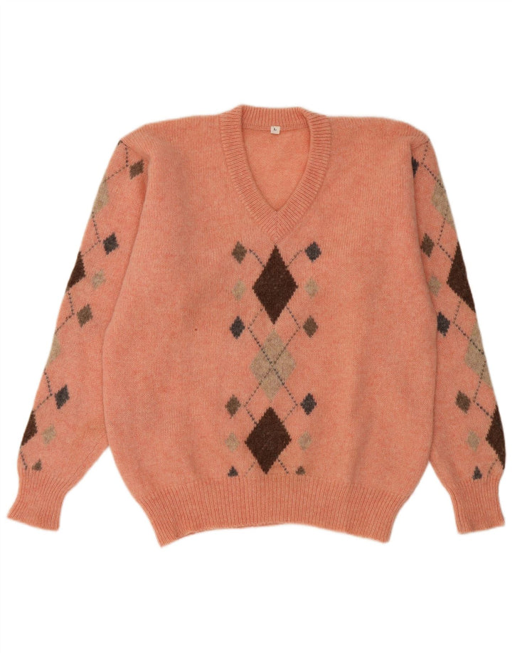 Vintage hombres V-cuello jumper suéter grande naranja Argyle/Diamond