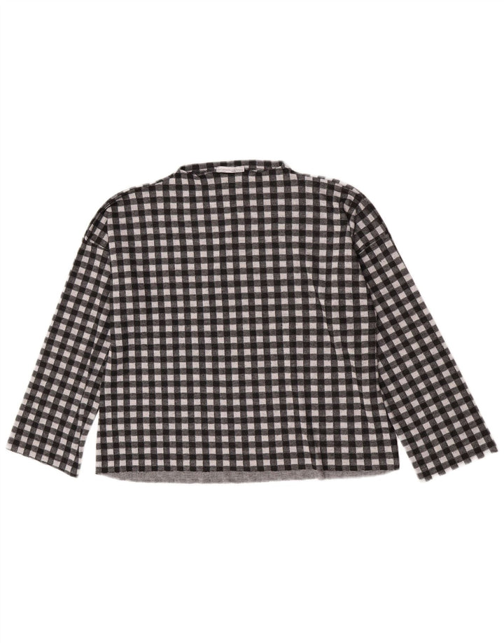 Zara Mujer Top Extragrande Manga Larga UK 40 Pequeño Poliéster Vichy Negro