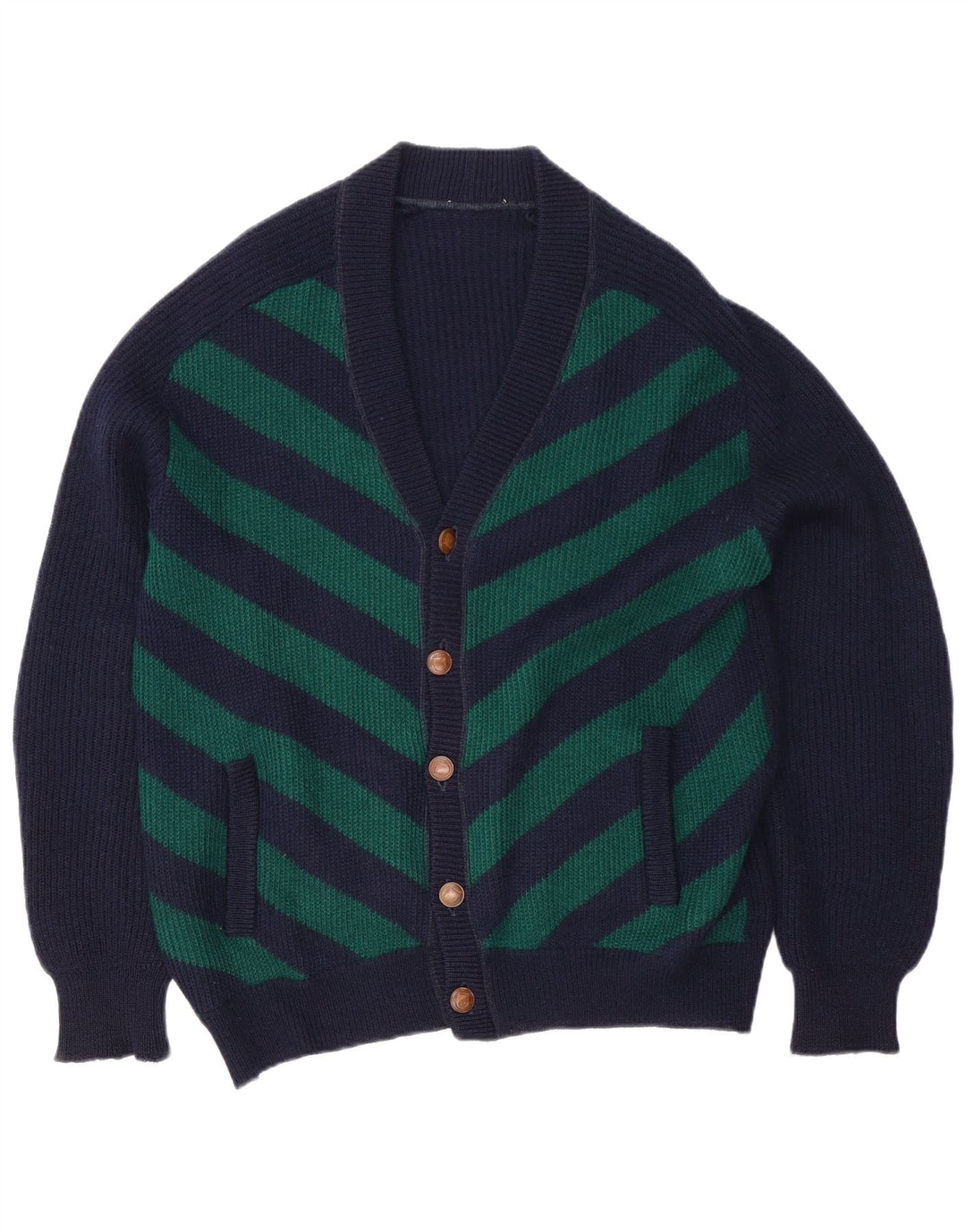 Vintage hombres Cardigan suéter XL azul marino rayas