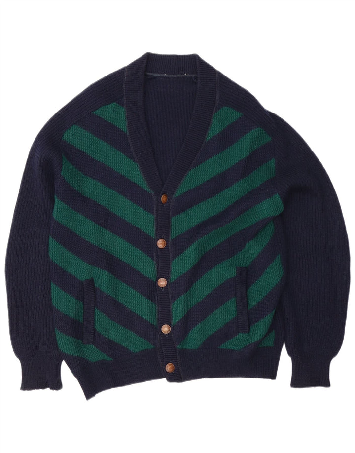 Vintage hombres Cardigan suéter XL azul marino rayas